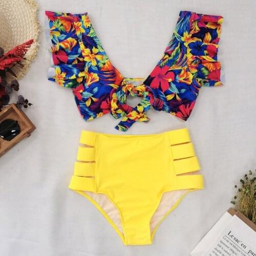 Low Neckline High Waist Floral Bikini Bathing Suits Women Sexy Ruffled Split Bownot Swimsuit High Waist Beach Bikini Swimsuit