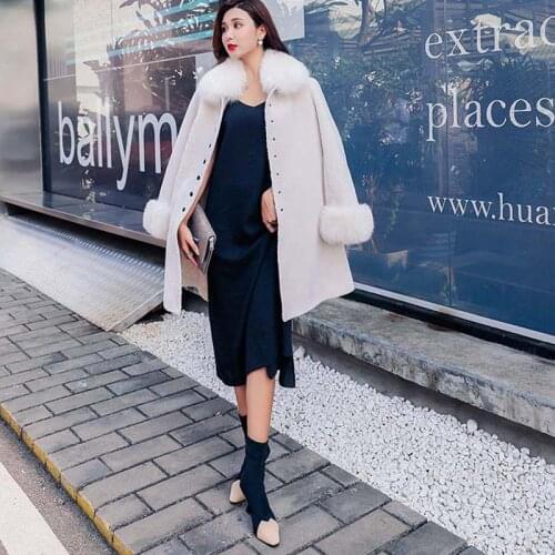 New Sheep Shearing Jacket Fox Fur Collar Coat Fur One Autumn Long Sleeve Windbreaker Mid-length Skirt Europe and America