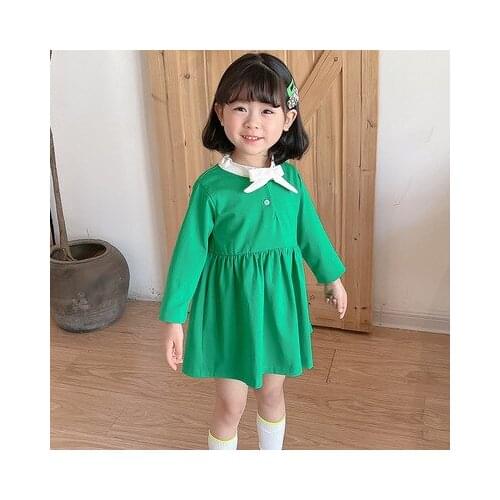 2021 Spring New Girls' Candy Color Cotton Long-sleeved Dress Bowknot Kids Solid Casual Dress Baby Clothes Toddler Bow Tie Dress