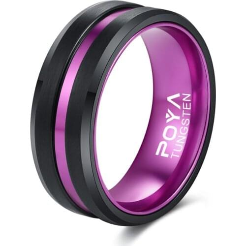 POYA 8 mm Purple Ring Black Plated Tungsten Wedding Band with Anodized Aluminum Liner Interior