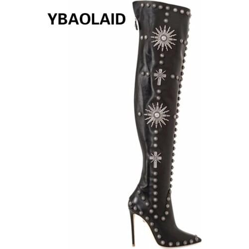 Pointed Rivet Cross Embroidery Long Barrel Knight Boots Autumn and Winter New Fashion Back Zipper Ultra-high Stiletto Knee Boots