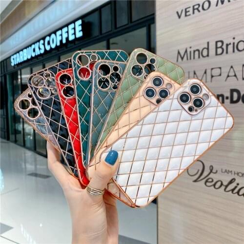 Luxury Plated Gold Phone Case for iPhone 11 12 Promax X 10 Xsmax XR 7 8plus Electroplating Lattice Soft Silicone Funda Capa Etui