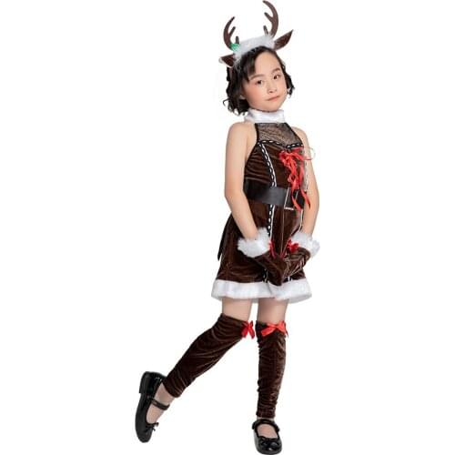 Little Girls Christmas Eve Xmas Dress up Party Dresses Santa Reindeer Costume New Year Cotton Mesh Dresses up with Headband
