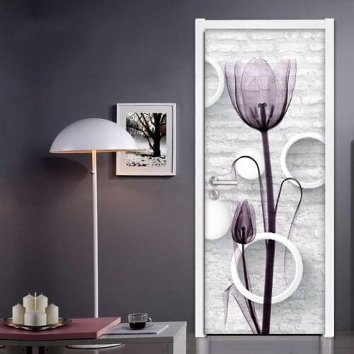 Creative DIY Self-adhesive Door Sticker 3D White Brick Circles Flowers Art Wall Murals Living Room Bedroom Door PVC Wallpaper