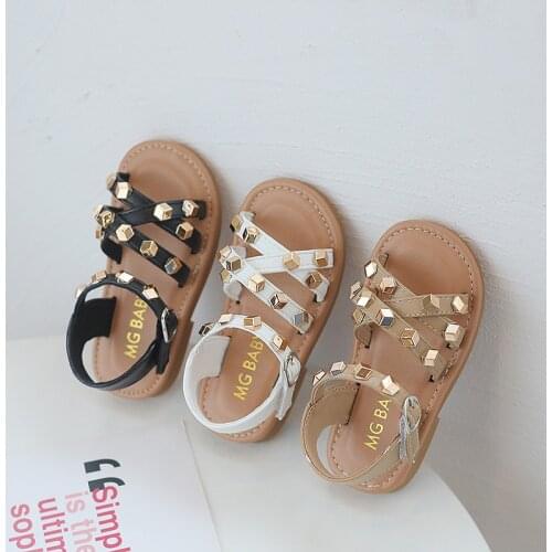 Girls Sandals Princess Shoes 2021 Summer New Childrens Soft-soled Flat-heel Beach Shoes Buckle Rivets Kids Baby Sandals 21-30