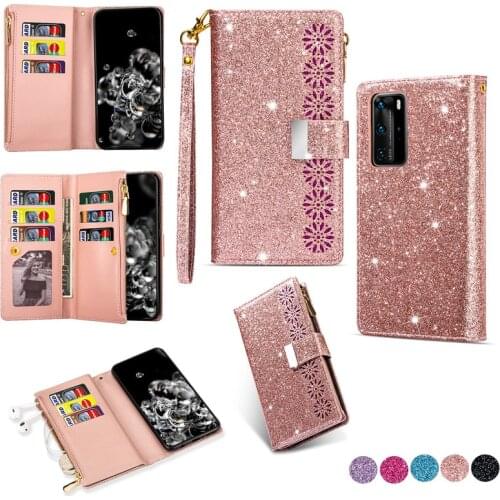Bling Glitter Cases For Huawei P40 P30 P20 Pro Lite P Smart Y7 Y6 2019 Mate 20 10 Lite Pro Leather Zipper Wallet Flip Card Cover