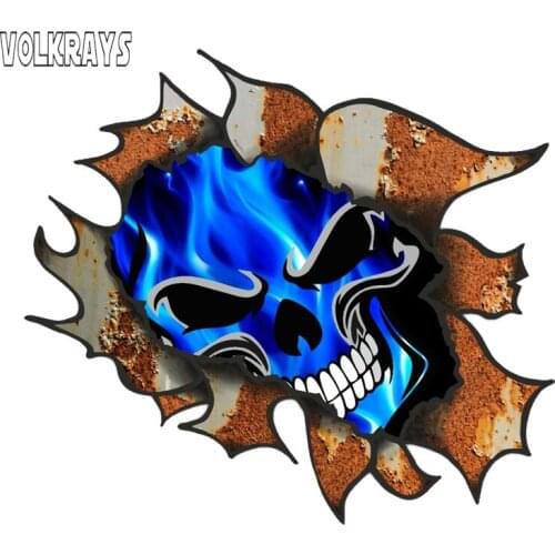 Volkrays 3D Car Sticker Large Ripped Torn Metal Rusty Design with Blue Flames Skull Motif Vinyl Decal for Motorcycle,15cm*15cm