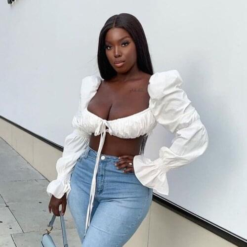 New Womens Casual Lantern Sleeve T-Shirt Fashion Solid Color Tie-Up Boat Neck Exposed Navel Tops Street Style For Autumn S M L