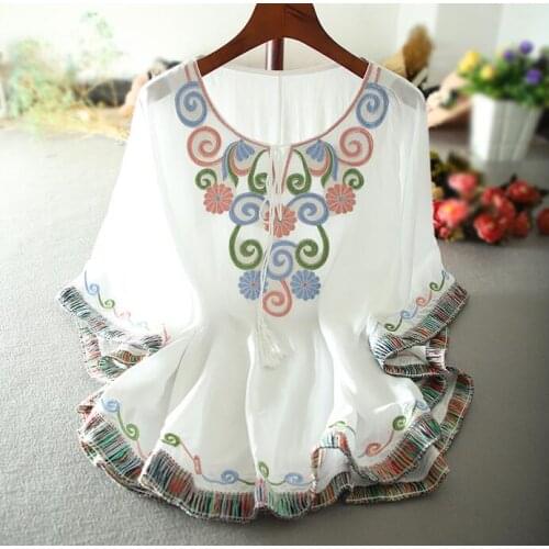 Womens Spring summer butterfly Sleeve embroidery Shirt Female Vintage National Loose Casual Shirt Blouse TB1353