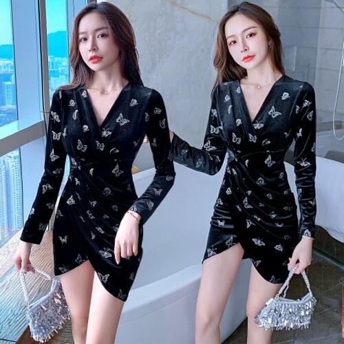 Luxury Velvet Long Sleeve Dress for Women 2021 High Fashion Butterfly Print Clothes Ladies Tie Waist Black Evening Party Dresses