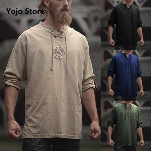 19 Retro Mens Tee Tops Long Sleeve Bandage Shirt Knight Top Medieval Peasant Vintage Clothing Camisa Blusas S-4XL