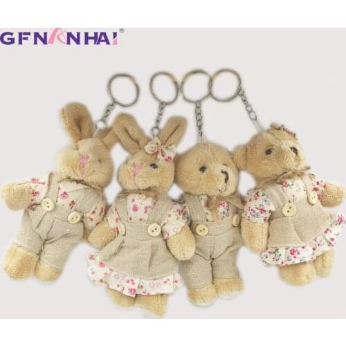 2pcs/lot 11cm Couple Bear Rabbit Plush Toys Stuffed Dolls Floral Cloth Teddy Bear Rabbit Keychain Pendants Gift for Lovers Girls