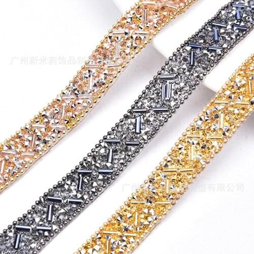 5Yards Sewing Trim Champagne Crystal Motif Strass Hot Fix Rhinestone Tape Ribbon Rhinestones Iron On Appliques For Wedding Dress