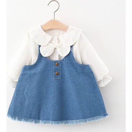 Baby Girls Dress Spring Autumn Sweet Bow Blouses And Denim Dress Suits For 0-24M Girl Long Sleeve Infant Party Clothes