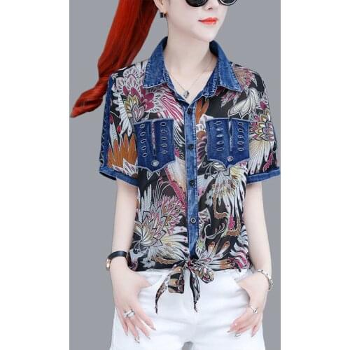 Summer Chiffon Shirts Temperament Casual Blouses Polo-Neck Dots Print Splice LooseTops pocket Mujer Blusas MM0700