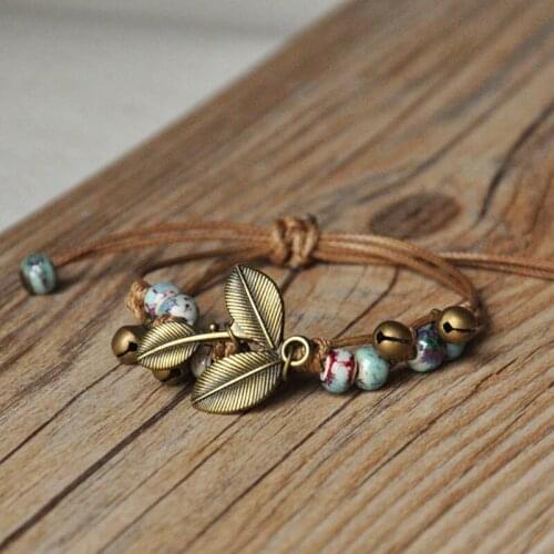 Leaves Bracelets Women Ceramic Beads Statement Chains Bells Pendant Bangles For Female Hand Chains Adjustable Length Accessories