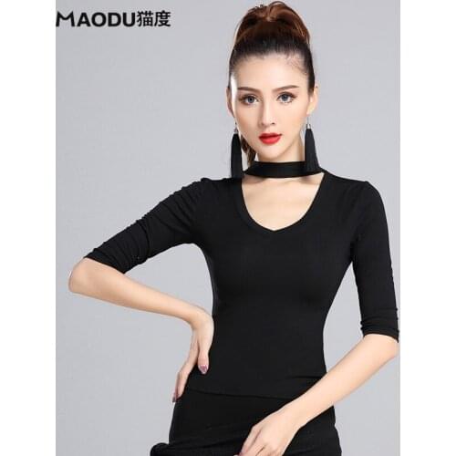 Black Modern Dancing Tops U-neck Half Sleeve Sexy Latin Dance Clothes Lady Ballroom Costume Performance Wears B-6938