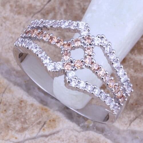 Champagne Morganite White CZ Silver Plated Ring Size 6 / 7 / 8 / 9 E588