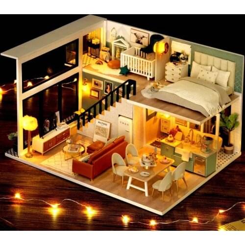 Wooden Doll House Furnitures Diy 3D Loft Wooden Miniaturas Assemble Dollhouse Toys for Children Birthday Gifts