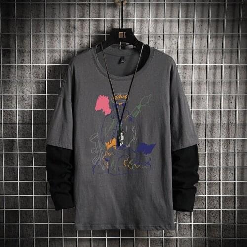 GlacialWhale Hip Hop Patchwork Spring Crewneck Sweatshirt Men Japanese Streetwear Oversized Gray Hoodie Men Sweatshirts Hoodies