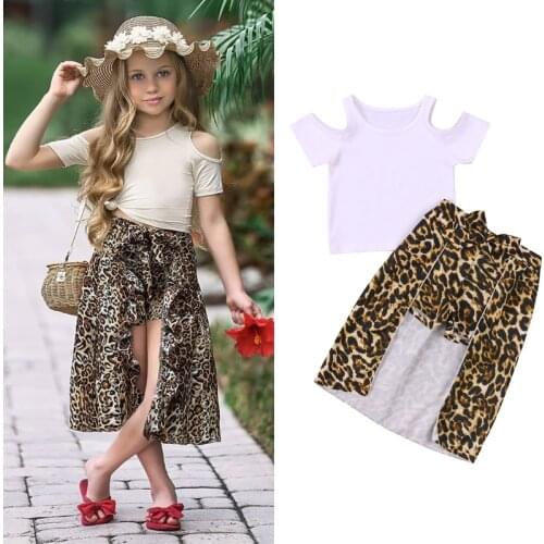 2-7Y Kid Girls Clothes Fashion Summer Girls Clothing Set Solid Off Shoulder Top+Leopard Shorts Skirt Girls Clothes Set