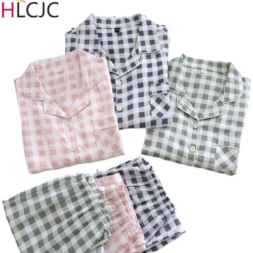 Couple Pajamas Set Fashion Plaid Homewear for Women Men Sleepwear Soft Cotton Gauze Pyjamas Femme Pijamas Mujer Home Suits 2021