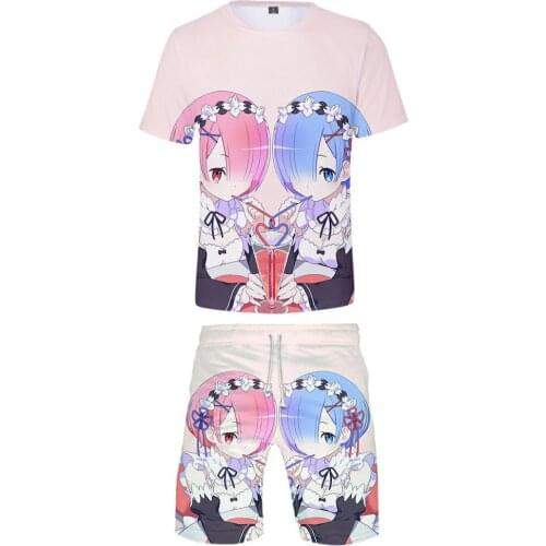 Anime Re:zero Kara Hajimeru Isekai Seikatsu 3D Print Short Sleeve T Shirt + Beach Shorts Two Piece Set Ram Rem Cosplay Costume