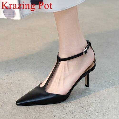 Krazing Pot big size cow leather slip on pointed toe high heels T-strap shallow spring shoes shallow dress party women pumps L15