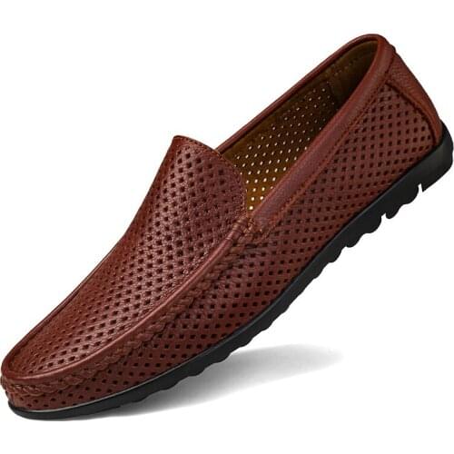 Mens Summer Loafers Shoes Genuine Leather Soft Man Casual Slip-on Cutout Shoes Real Cowhide Summer Loafers