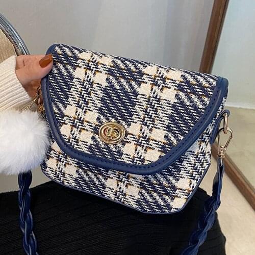 Small Weaving Square Shoulder Bags for Women 2021 Hair Ball Pendant Messenger Bag Flap Handbags Elegant Ladies Crossbody Bag Sac