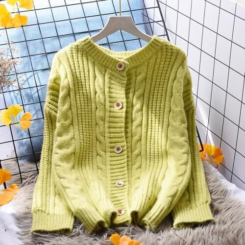 Sweet Style Solid Green Knitted Women Sweater Cardigan Autumn Winter Long-Sleeved O-Neck Button Lady Elegant Outwear Coats Tops