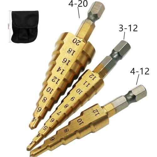 3pcs HSS Steel Titanium Step Drill Bit Set Hand Tool 4-12mm 4-20mm 3-12mm Step Cone Cutt Woodworking Drill For Metal
