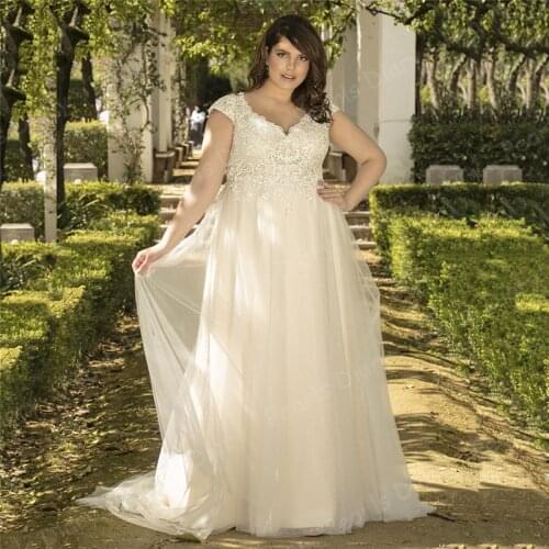 Charming Lace V Neck Wedding Dress Beach A Line Bridal Dresses Cap Sleeve Sweep Train Robe Mariee Bride Gowns 2021 Plus Size