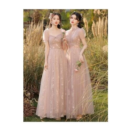 A-Line Short Puff Sleeves Leaf Embroidery Bridesmaid Dress Pink Boat Neck Lace Up Back Maid Of Honor Dress Wedding Vestidos