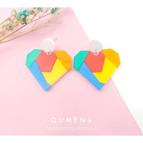 QUMENG 2020 Exaggerated Punk Neon Color stitching Heart stud Earrings Big Personality Earring for women Party Nightclub Jewelry