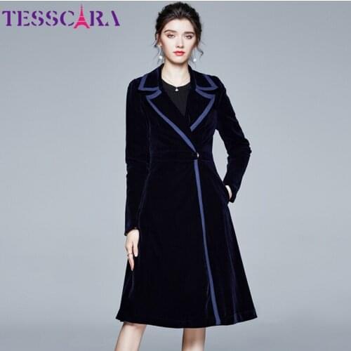 TESSCARA Women Autumn & Winter Long Elegant Velvet Trench Coat Female High Quality Vintage Blazer Designer Outerwear & Coats