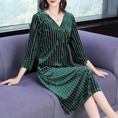 Spring Fall Womens 2018 Clothes V Neck 3/4 Sleeve Striped Loose Green Velour Long Dress , 3xl Elegant Velvet Dresses Fro Women