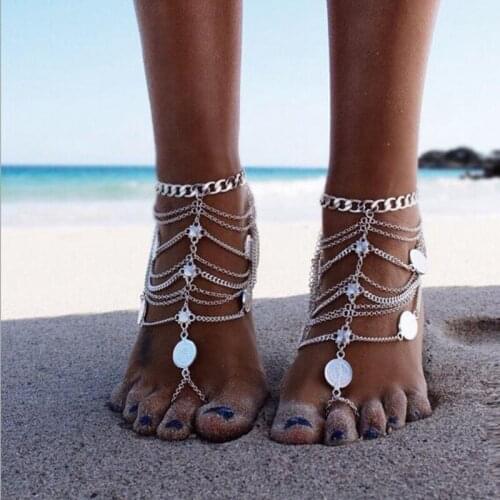 Vintage Metal Heavy Industry Multi-Layer Coin Tassel Beach Anklet