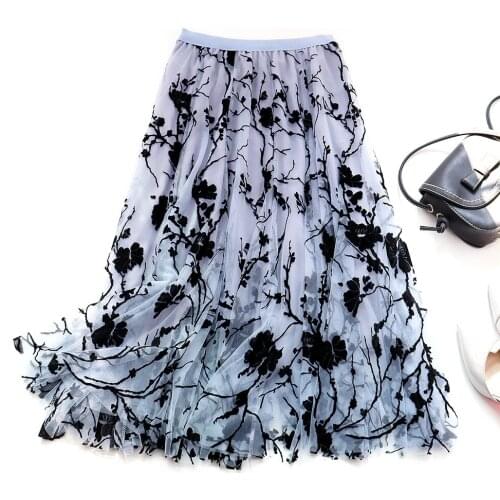 Retro Mid Long Skirts Femme Flower Flocking Mesh Skirt Women High Waist A-line Pleated Umbrella Skirt Women For Spring Autumn