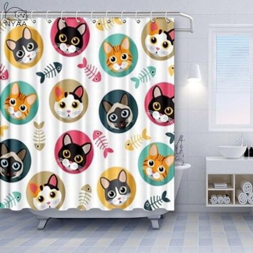 NYAA Cartoon Bath Curtain Waterproof Shower Curtains Polyester Cat Pattern Bath Screen Curtain for Bathroom Christmas Gift