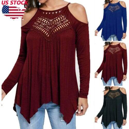 Womens Sexy Halter Cold Shoulder Long Sleeve Tee Top Blouse T Shirt Loose Tops