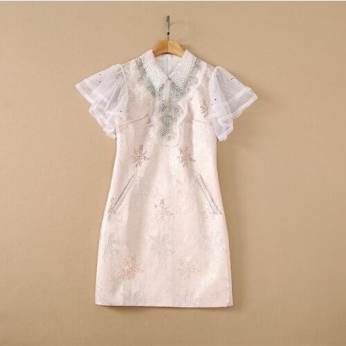 Europe and the United States womens clothing New Summer 2021 Mesh short sleeve lapel nail bead Fashion jacquard pink dress