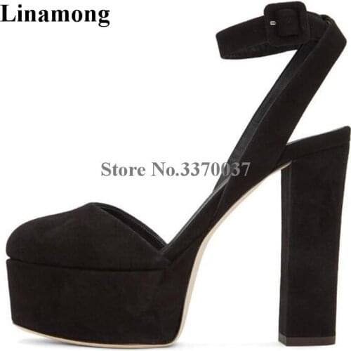 Women Elegant Black Suede Leather High Platform Chunky Heel Pumps Ankle Strap Super High Thick Heels Formal Dress Shoes