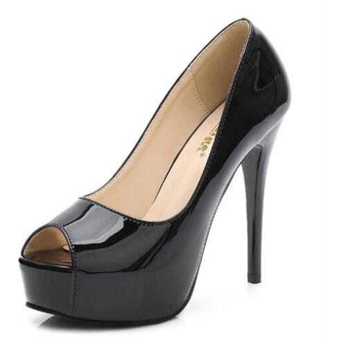 Women Summer Pumps Shoes PU Leather Platform Peep Toe Slip-On 12cm Thin Heels Shallow Solid Club Sexy Lady Party Female Shoes