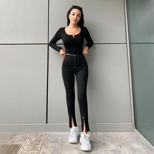 Womens Solid Color High Waist Slim Slit Casual Pants Black