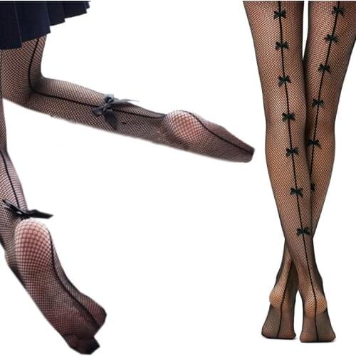 Women Sexy Hollow Out Fishnet Pantyhose Handmade Black Bowknot Mesh Tights with Back Seam Kawaii Stockings Lingerie