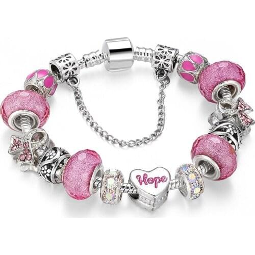 2021 New Trendy Pink Heart bead Bracelets&Bangles For Women flower Pulseira Feminina Charm Crystal Jewelry Bracelet Jewelry Gift