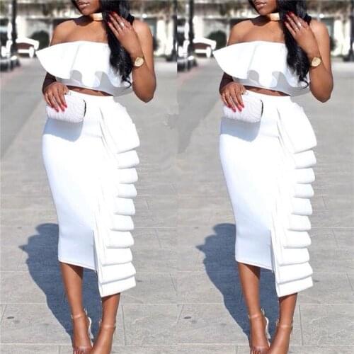 Two Piece Set Women Strapless Crop Top And Cascading Ruffles Skirt Sexy Party 2 Piece Sets Womens Outfits Summer Skirts Sets