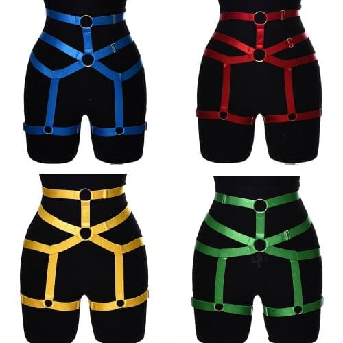 Women Gothic Style Bondage Harness Lingerie Harajuku Crop Tops Cage Bra Fetish Leg Garter Belt Sexy Bottom Panties Garter