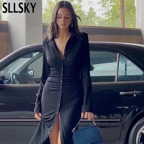 SLLSKY Ruched Turn-Down Collar Button Blouse Dress Women Sexy Long Sleeve Midi Dresses Elegant Black Skinny Female Vestidos